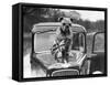 A British Bulldog Stands Proudly Behind a Union Jack Flag on a Car Bonnet-null-Framed Stretched Canvas