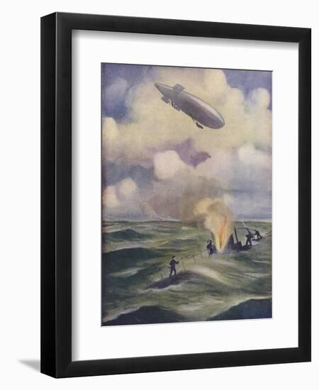 A British Naval Airship Bombing a Submarine-null-Framed Premium Giclee Print