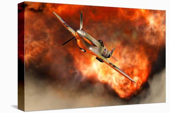A British Supermarine Spitfire Bursting Through Explosive Flames-null-Stretched Canvas