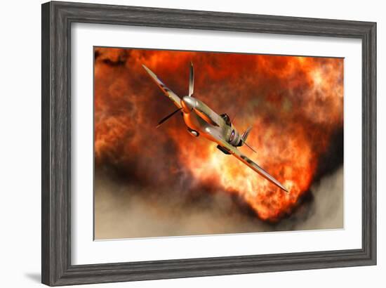 A British Supermarine Spitfire Bursting Through Explosive Flames-null-Framed Art Print