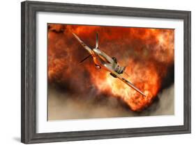 A British Supermarine Spitfire Bursting Through Explosive Flames-null-Framed Art Print