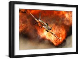 A British Supermarine Spitfire Bursting Through Explosive Flames-null-Framed Art Print