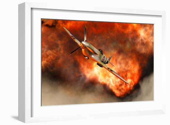 A British Supermarine Spitfire Bursting Through Explosive Flames-null-Framed Art Print