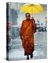 A Buddhist Monk Walks in the Rain on a Street in Bangkok-null-Stretched Canvas