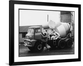 A Builder Climbing into a Ready-Mix Concrete Transporter Lorry-null-Framed Photographic Print