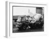 A Builder Climbing into a Ready-Mix Concrete Transporter Lorry-null-Framed Premium Photographic Print