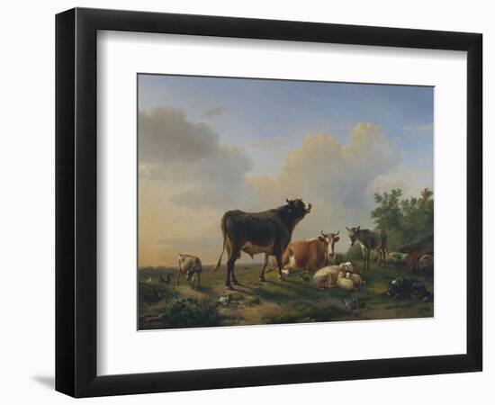 A Bull, a Cow, a Donkey, a Goat, a Dog, Sheep and Poultry in an Extensive Landscape, 1849-Joseph Bail-Framed Giclee Print