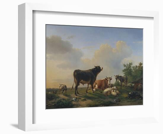 A Bull, a Cow, a Donkey, a Goat, a Dog, Sheep and Poultry in an Extensive Landscape, 1849-Joseph Bail-Framed Giclee Print