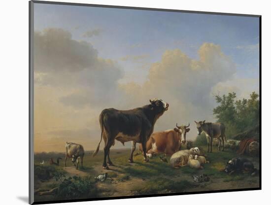 A Bull, a Cow, a Donkey, a Goat, a Dog, Sheep and Poultry in an Extensive Landscape, 1849-Joseph Bail-Mounted Giclee Print