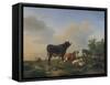 A Bull, a Cow, a Donkey, a Goat, a Dog, Sheep and Poultry in an Extensive Landscape, 1849-Joseph Bail-Framed Stretched Canvas