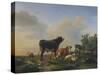 A Bull, a Cow, a Donkey, a Goat, a Dog, Sheep and Poultry in an Extensive Landscape, 1849-Joseph Bail-Stretched Canvas