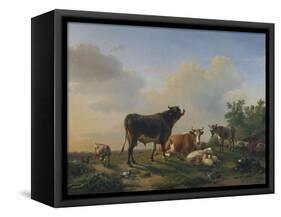 A Bull, a Cow, a Donkey, a Goat, a Dog, Sheep and Poultry in an Extensive Landscape, 1849-Joseph Bail-Framed Stretched Canvas