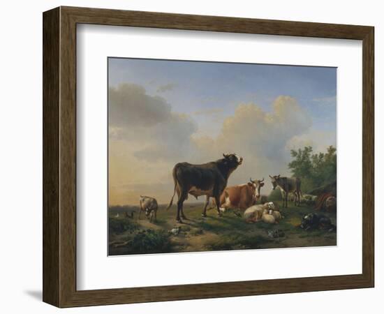 A Bull, a Cow, a Donkey, a Goat, Sheep and Poultry in an Extensive Landscape, 1849-Eugene Joseph Verboeckhoven-Framed Giclee Print
