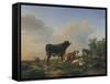 A Bull, a Cow, a Donkey, a Goat, Sheep and Poultry in an Extensive Landscape, 1849-Eugene Joseph Verboeckhoven-Framed Stretched Canvas