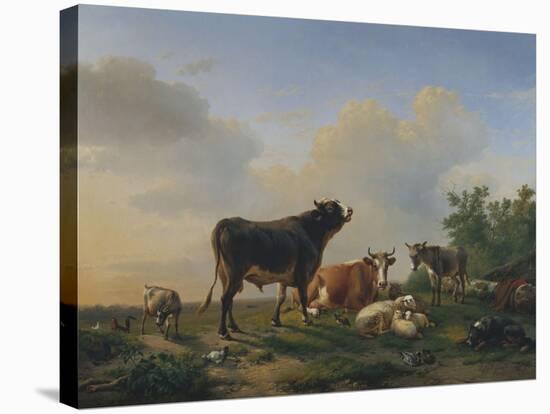 A Bull, a Cow, a Donkey, a Goat, Sheep and Poultry in an Extensive Landscape, 1849-Eugene Joseph Verboeckhoven-Stretched Canvas