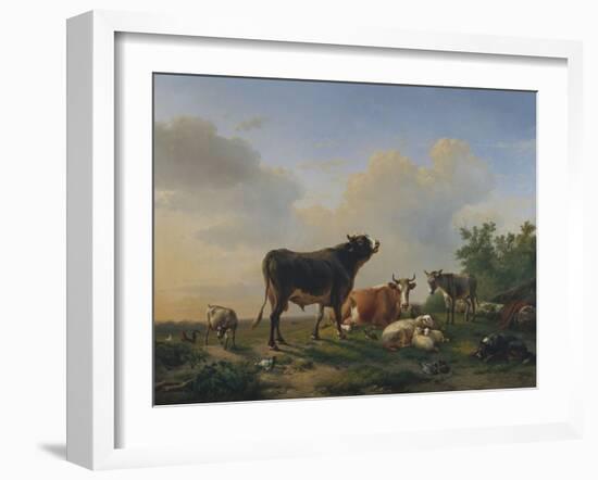 A Bull, a Cow, a Donkey, a Goat, Sheep and Poultry in an Extensive Landscape, 1849-Eugene Joseph Verboeckhoven-Framed Giclee Print