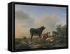 A Bull, a Cow, a Donkey, a Goat, Sheep and Poultry in an Extensive Landscape, 1849-Eugene Joseph Verboeckhoven-Framed Stretched Canvas