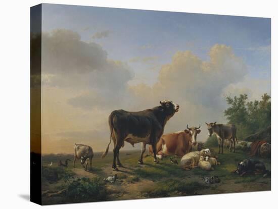 A Bull, a Cow, a Donkey, a Goat, Sheep and Poultry in an Extensive Landscape, 1849-Eugene Joseph Verboeckhoven-Stretched Canvas