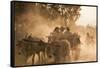 A bull cart kicks up a cloud of dust on the road to Indawgyi Lake, Kachin State, Myanmar (Burma), A-Alex Treadway-Framed Stretched Canvas