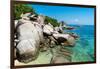 A bungalow has the perfect view on the shore in Koh Tao, Thailand, Southeast Asia, Asia-Logan Brown-Framed Photographic Print