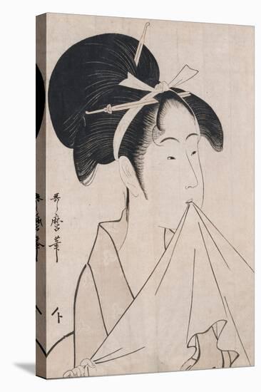 A Bust Portrait of Okita of the Naniwaya Holding a Hand Towel in Her Teeth and Stretching the Cloth-Kitagawa Utamaro-Stretched Canvas