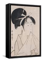 A Bust Portrait of Okita of the Naniwaya Holding a Hand Towel in Her Teeth and Stretching the Cloth-Kitagawa Utamaro-Framed Stretched Canvas