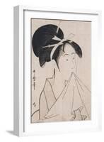 A Bust Portrait of Okita of the Naniwaya Holding a Hand Towel in Her Teeth and Stretching the Cloth-Kitagawa Utamaro-Framed Giclee Print