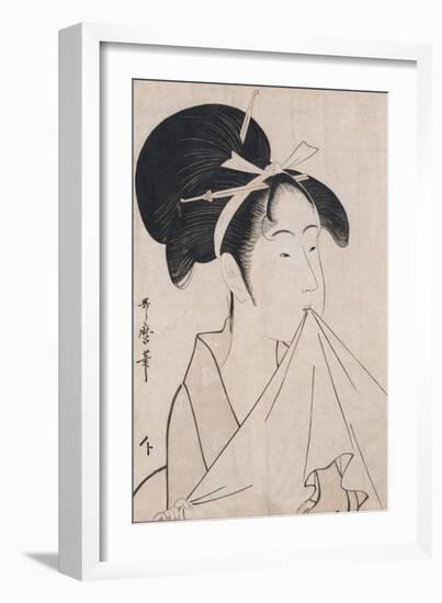 A Bust Portrait of Okita of the Naniwaya Holding a Hand Towel in Her Teeth and Stretching the Cloth-Kitagawa Utamaro-Framed Giclee Print