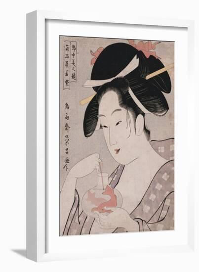 A Bust Portrait of the Courtesan Wakamurasaki of the Tsunotamaya Playing with Goldfish-Chokosai Eisho-Framed Giclee Print