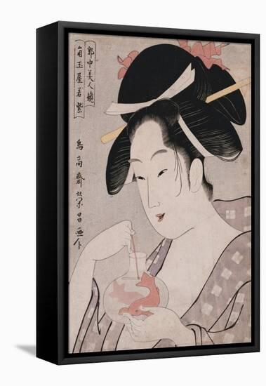 A Bust Portrait of the Courtesan Wakamurasaki of the Tsunotamaya Playing with Goldfish-Chokosai Eisho-Framed Stretched Canvas