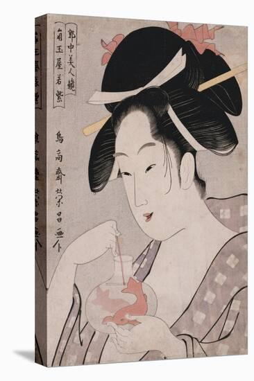 A Bust Portrait of the Courtesan Wakamurasaki of the Tsunotamaya Playing with Goldfish-Chokosai Eisho-Stretched Canvas