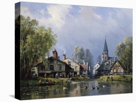 A Busy Riverside Village-Charles Euphrasie Kuwasseg-Stretched Canvas