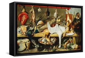 A Butcher's Stall with Cats and Kittens playing and a Butcher holding a Boar's Head-Frans Snyders-Framed Stretched Canvas