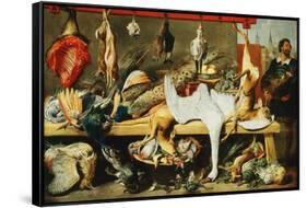 A Butcher's Stall with Cats and Kittens playing and a Butcher holding a Boar's Head-Frans Snyders-Framed Stretched Canvas