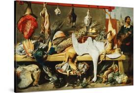 A Butcher's Stall with Cats and Kittens playing and a Butcher holding a Boar's Head-Frans Snyders-Stretched Canvas