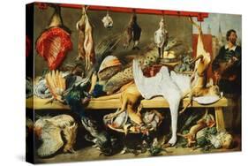 A Butcher's Stall with Cats and Kittens playing and a Butcher holding a Boar's Head-Frans Snyders-Stretched Canvas