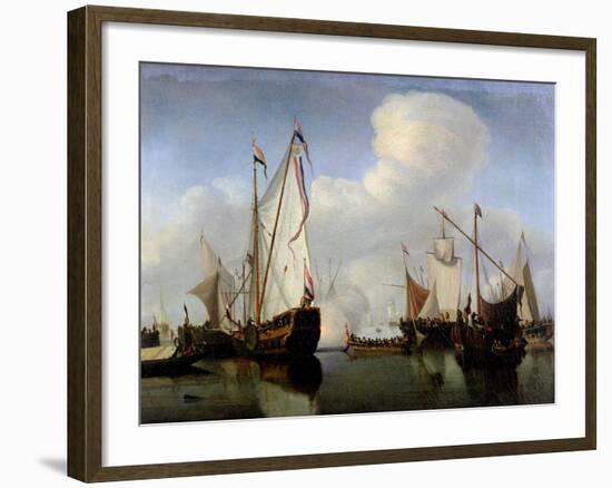 A Calm: a Dutch States Yacht Firing a Salute-Willem Van De, The Younger Velde-Framed Giclee Print