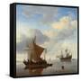 A Calm - a Smalschip and a Kaag at Anchor with an English Man-O'-War Beyond-Willem Van De, The Younger Velde-Framed Stretched Canvas