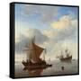 A Calm - a Smalschip and a Kaag at Anchor with an English Man-O'-War Beyond-Willem Van De, The Younger Velde-Framed Stretched Canvas