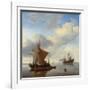 A Calm - a Smalschip and a Kaag at Anchor with an English Man-O'-War Beyond-Willem Van De, The Younger Velde-Framed Giclee Print