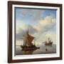 A Calm - a Smalschip and a Kaag at Anchor with an English Man-O'-War Beyond-Willem Van De, The Younger Velde-Framed Giclee Print