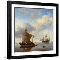 A Calm - a Smalschip and a Kaag at Anchor with an English Man-O'-War Beyond-Willem Van De, The Younger Velde-Framed Giclee Print