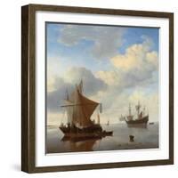 A Calm - a Smalschip and a Kaag at Anchor with an English Man-O'-War Beyond-Willem Van De, The Younger Velde-Framed Giclee Print