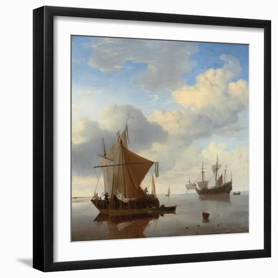 A Calm - a Smalschip and a Kaag at Anchor with an English Man-O'-War Beyond-Willem Van De, The Younger Velde-Framed Giclee Print