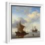 A Calm - a Smalschip and a Kaag at Anchor with an English Man-O'-War Beyond-Willem Van De, The Younger Velde-Framed Giclee Print