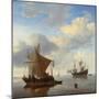 A Calm - a Smalschip and a Kaag at Anchor with an English Man-O'-War Beyond-Willem Van De, The Younger Velde-Mounted Giclee Print