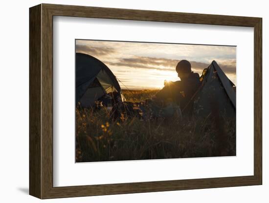 A camper sits in the evening sun, Picws Du, Black Mountain, Brecon Beacons National Park, Wales, Un-Charlie Harding-Framed Photographic Print