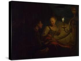 A Candlelight Scene, a Man Offering a Gold Chain and Coins to a Girl Seated on a Bed, Ca. 1665-1667-Godfried Cornelisz Schalcken-Stretched Canvas