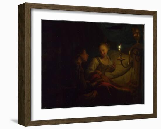 A Candlelight Scene, a Man Offering a Gold Chain and Coins to a Girl Seated on a Bed, Ca. 1665-1667-Godfried Cornelisz Schalcken-Framed Giclee Print