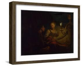 A Candlelight Scene, a Man Offering a Gold Chain and Coins to a Girl Seated on a Bed, Ca. 1665-1667-Godfried Cornelisz Schalcken-Framed Giclee Print